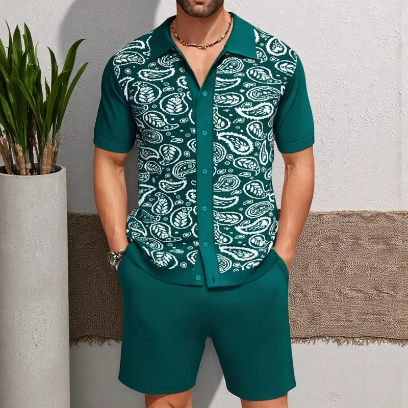 CHINEE-Mens-Summer-Breathable-Jacquard-Knitted-Polo-Shirt-Set-Cross-Border-Casual-Two-Piece-Design-1