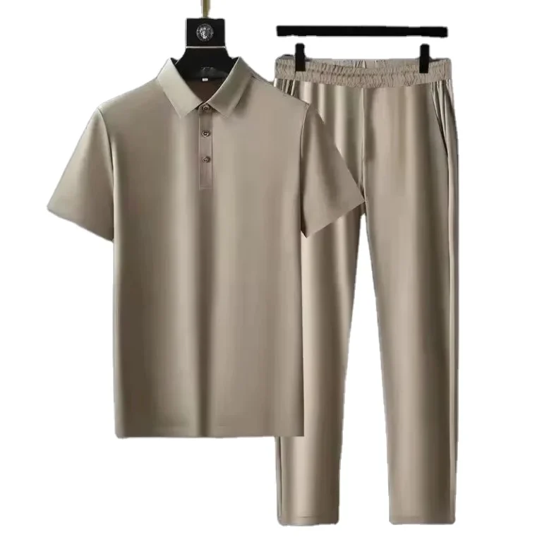 CHINEE-Mens-Summer-Casual-Ice-Silk-Polo-Shirts-Sets-Twopiece-Set-Elastic-Ultrathin-QuickDrying-Short-Sleeves-Polo-Collar-Lapel