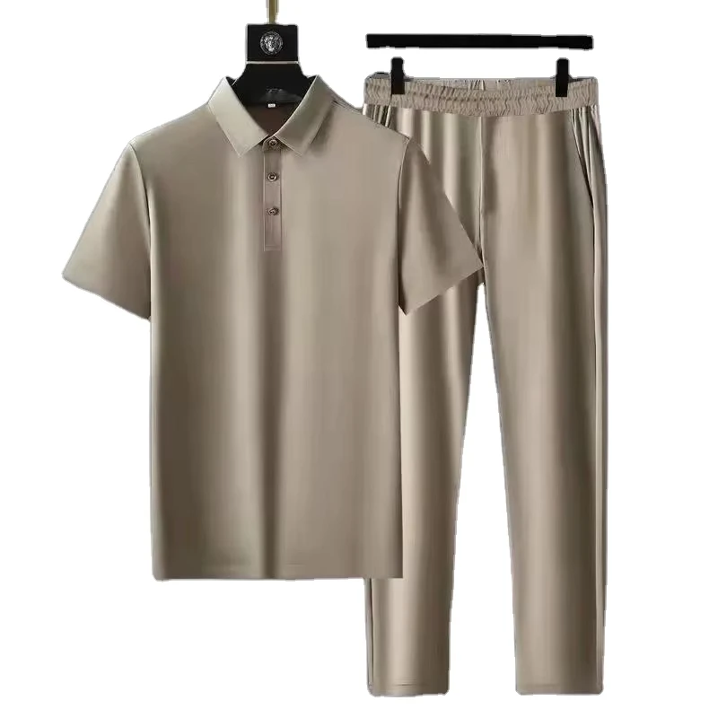 CHINEE-Mens-Summer-Casual-Ice-Silk-Polo-Shirts-Sets-Twopiece-Set-Elastic-Ultrathin-QuickDrying-Short-Sleeves-Polo-Collar-Lapel