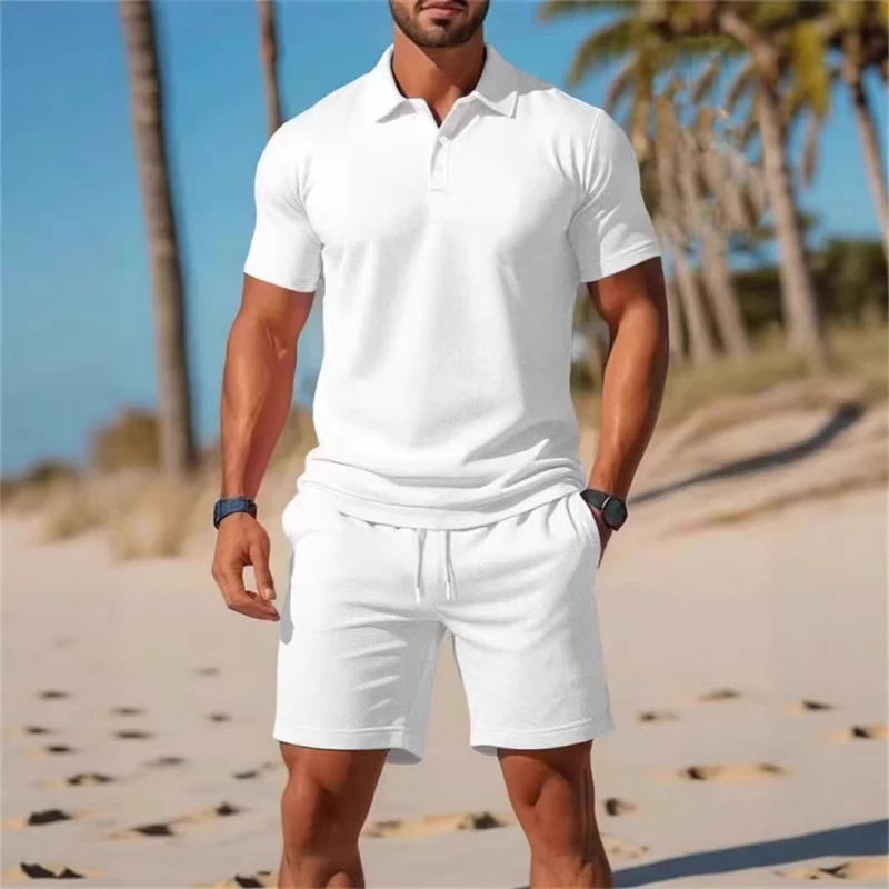 CHINEE-Mens-Summer-Casual-Sports-Polo-Shirt-and-Shorts-Set-Cross-Border-New-Trendy-Slim-Short-Sleeve-Fashion-with-Solid-Pattern-OEM-1