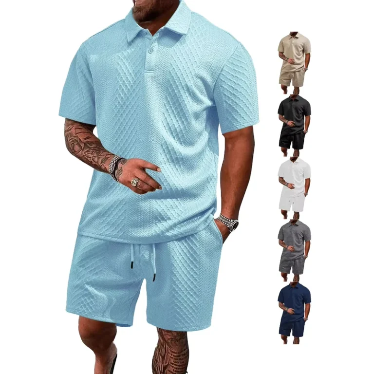 CHINEE-Mens-Summer-New-Jacquard-Fabric-2-Piece-Outfit-Lapel-Short-Sleeve-Polo-Shirt-Casual-Sports-Pants-Set