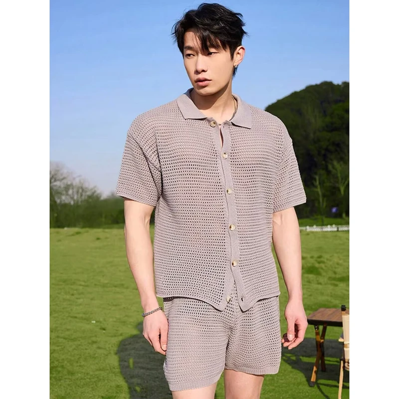 CHINEE-Mens-Summer-Sport-Top-Sweatshirt-Casual-Shirt-Breathable-Short-Sleeve-T-Shirt-Two-Piece-Set-with-Solid-Pattern-Knitted-Fabric-1
