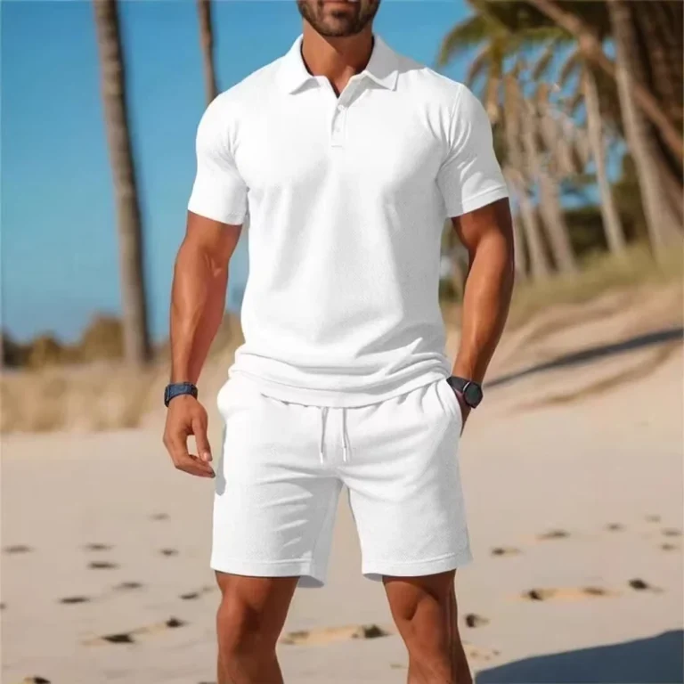 CHINEE-Mens-Summer-Sporty-Casual-Polo-Button-Up-Short-Sleeve-Shirt-Set-100-Bamboo-Fiber-Color-Blocking
