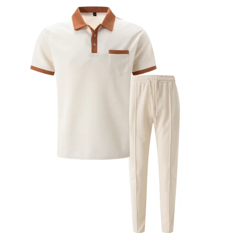 CHINEE-Mens-Summer-Style-Waffle-Lapel-Colorblock-Polo-Shirt-Short-Sleeve-Pants-Casual-Suit