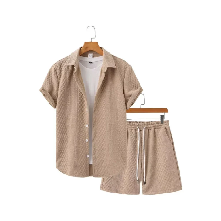 CHINEE-Mens-Summer-Waffle-Fabric-Breathable-Casual-Sports-Shirt-2-Piece-Set