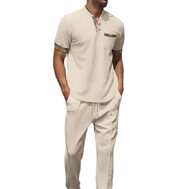 CHINEE-Mens-Summer-Waffle-Polo-Shirt-Pants-Set-With-Pocket-Stand-up-Collar-Solid-Color-Mens-Set-OEM