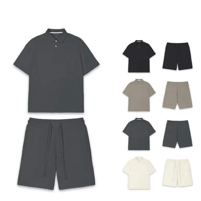 CHINEE-Mens-Trendy-Two-Piece-Set-High-Quality-Breathable-Loose-Heavyweight-Polo-Shirt-and-Waffle-Shorts-for-Summer-Casual-Style