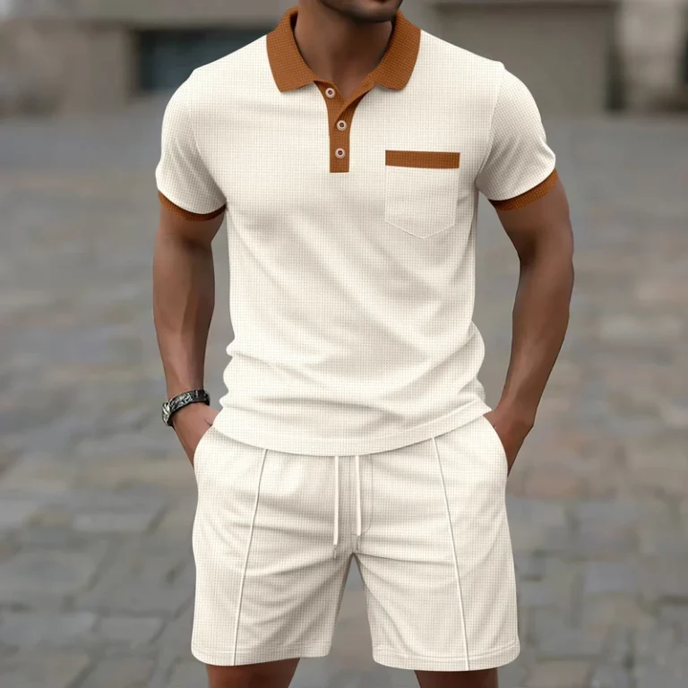 CHINEE-Mens-Waffle-Knit-Two-Piece-Set-Contrast-Collar-Polo-Shirt-Drawstring-Shorts-Casual-Summer-Tracksuit