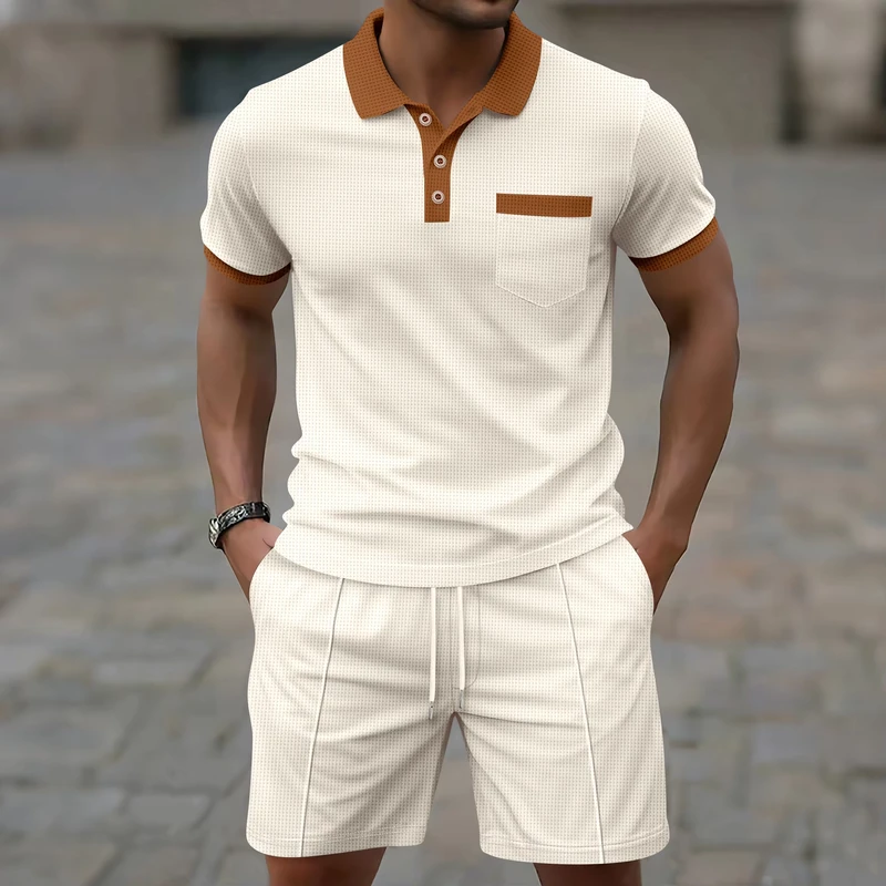 CHINEE-Mens-Waffle-Knit-Two-Piece-Set-Contrast-Collar-Polo-Shirt-Drawstring-Shorts-Casual-Summer-Tracksuit