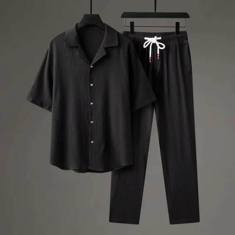 CHINEE-NEW-KJ-Summer-Men-2-Piece-Suits-Short-Sleeve-Tops-Long-Pants-Solid-Color-Polo-Lapel-Collar-Button-Elastic-Waist-Trousers-1