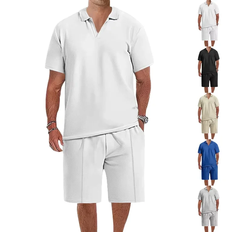 CHINEE-New-Arrival-Waffle-Knit-Tracksuit-Mens-Summer-Outfit-Set-2-Piece-Solid-Color-Polo-Shirt-and-Short