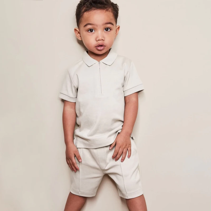 CHINEE-New-Design-Kids-Summer-Outfits-Set-Short-Sleeve-Jersey-Zip-Neck-Polo-Shirt-and-Shorts-100-Cotton-Solid-Pattern