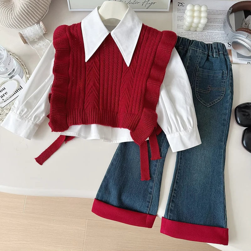 CHINEE-New-Spring-Fashion-Girls-Clothing-Cirls-Sweet-Knitted-Sets-Kids-Waistcoat-Shirt-and-Jeans-Sets-Girls-Three-Piece-Sets