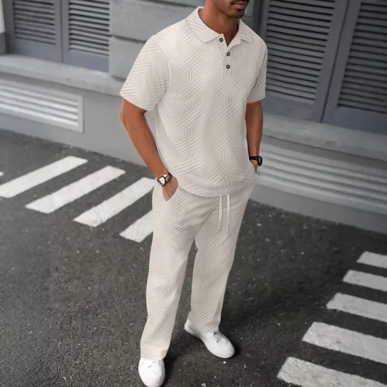 CHINEE-New-Summer-Mens-Solid-Color-Jacquard-Lapel-Short-Sleeved-Polo-Shirt-Long-Pants-Two-Piece-Set