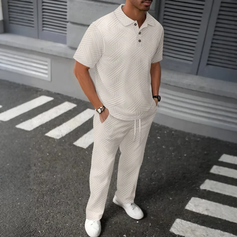 CHINEE-New-Summer-Mens-Solid-Color-Jacquard-Lapel-Short-Sleeved-Polo-Shirt-Long-Pants-Two-Piece-Set