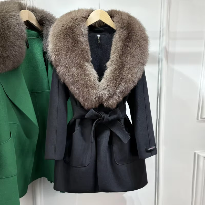 CHINEE-New-Winter-Detachable-Fluffy-Real-Fox-Fur-Collar-Splicing-Wool-Coat-Women-Double-sided-Pocket-Slim-Wool-Trench-Coat