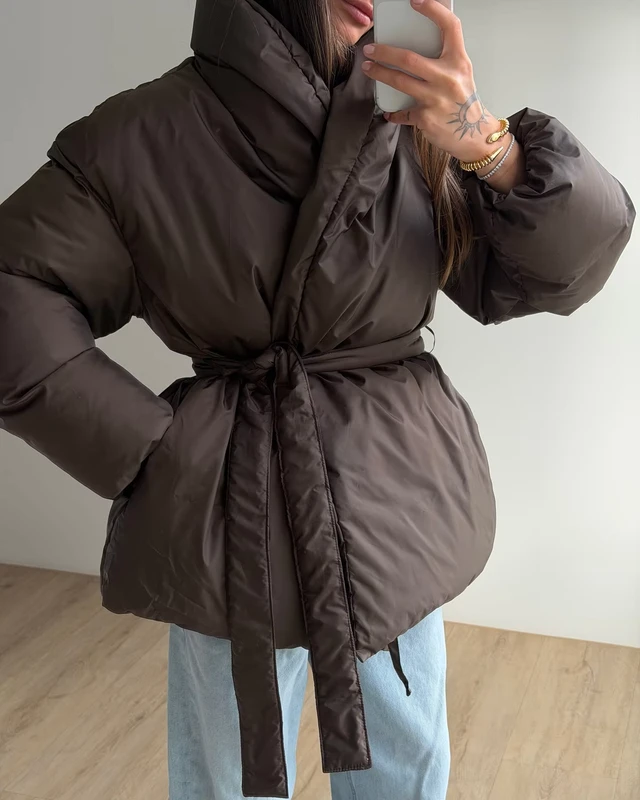 CHINEE-OEM-Custom-Fashion-Logo-Color-Removable-Belt-Waist-V-Neck-Decoration-Winter-Warm-Women-Down-Padded-Puffer-Jacket-Coat
