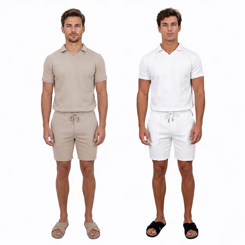 CHINEE-OEM-Custom-Logo-Lightweight-Summer-Beachwear-Holiday-Casual-Wear-Men-Buttonless-Polo-Shirt-Sets-Two-Piece-Resort-Outfit