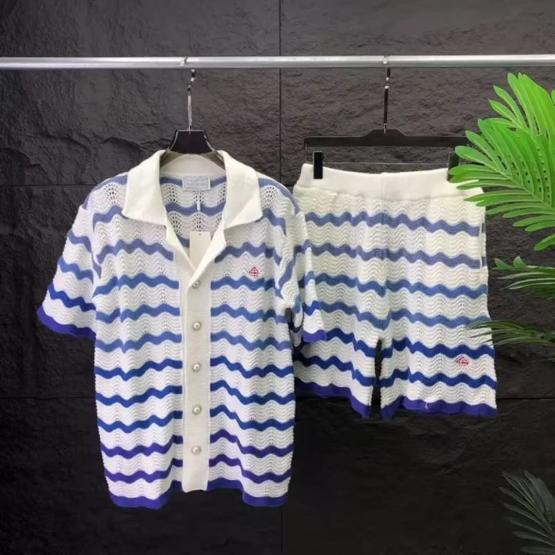 CHINEE-OEM-Summer-Fashion-Mens-2-Piece-Set-Custom-Logo-Jacquard-Hollow-Striped-Hooded-Cardigan-Breathable-Wool-Cotton-Shorts-Decorated-1