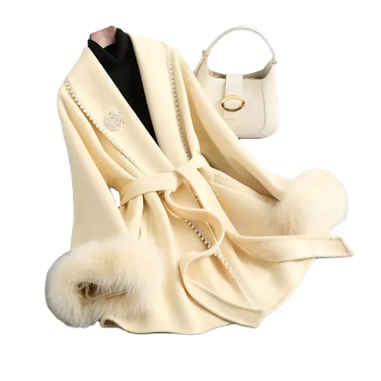 CHINEE-PUDI-Graceful-Real-Wool-Blend-Women-Trench-Jacket-Fox-Fur-Cuff-Belt-Cloak-Coat-CT2132