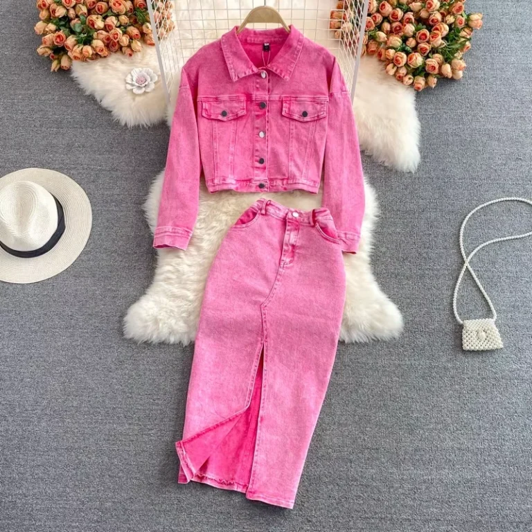 CHINEE-Pink-Denim-Jacket-Womens-High-Waist-Hip-Skirt-Two-Piece-Suit-Spring-Autumn-Denim-Set-Ladies-Top-and-Skirt-Set