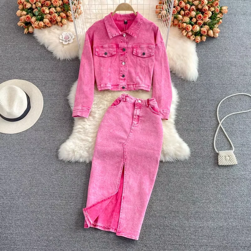 CHINEE-Pink-Denim-Jacket-Womens-High-Waist-Hip-Skirt-Two-Piece-Suit-Spring-Autumn-Denim-Set-Ladies-Top-and-Skirt-Set