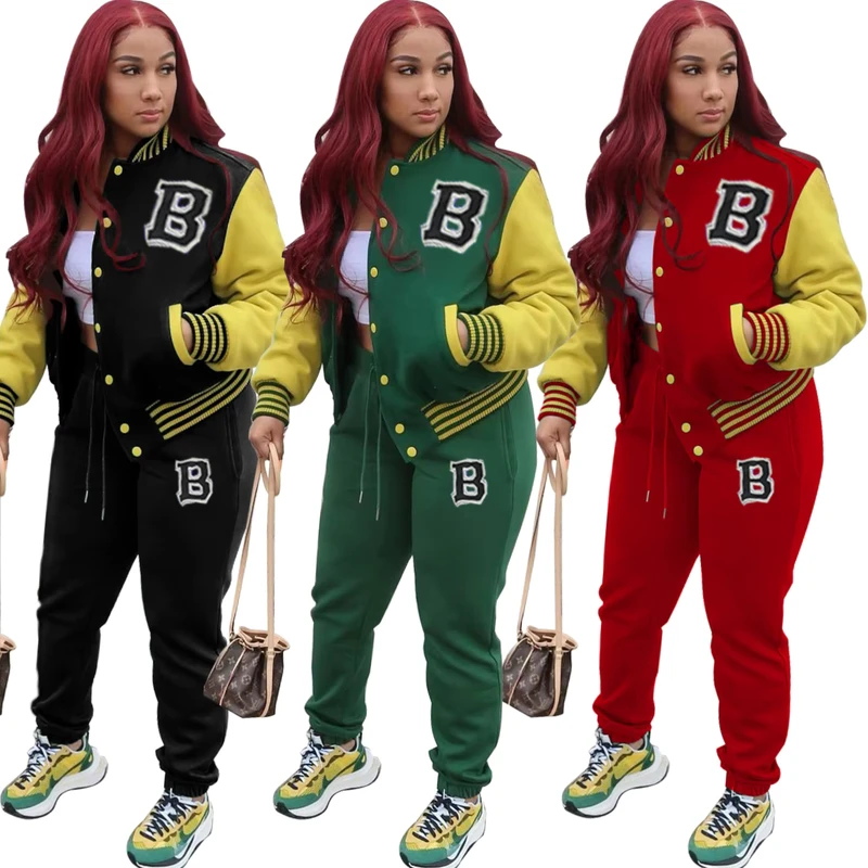 CHINEE-Print-Letter-Baseball-Jacket-Two-Piece-Pants-Set-Women-Jogger-Sweatsuit-Patchwork-Baseball-Uniform