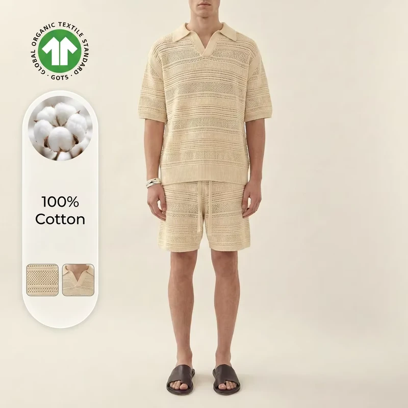 CHINEE-Resort-Wear-100-Cotton-Mens-Open-Knit-2-Piece-Set-Hollow-Out-Polo-Shirt-Shorts-Matching-Summer-Vacation-Outfit-1