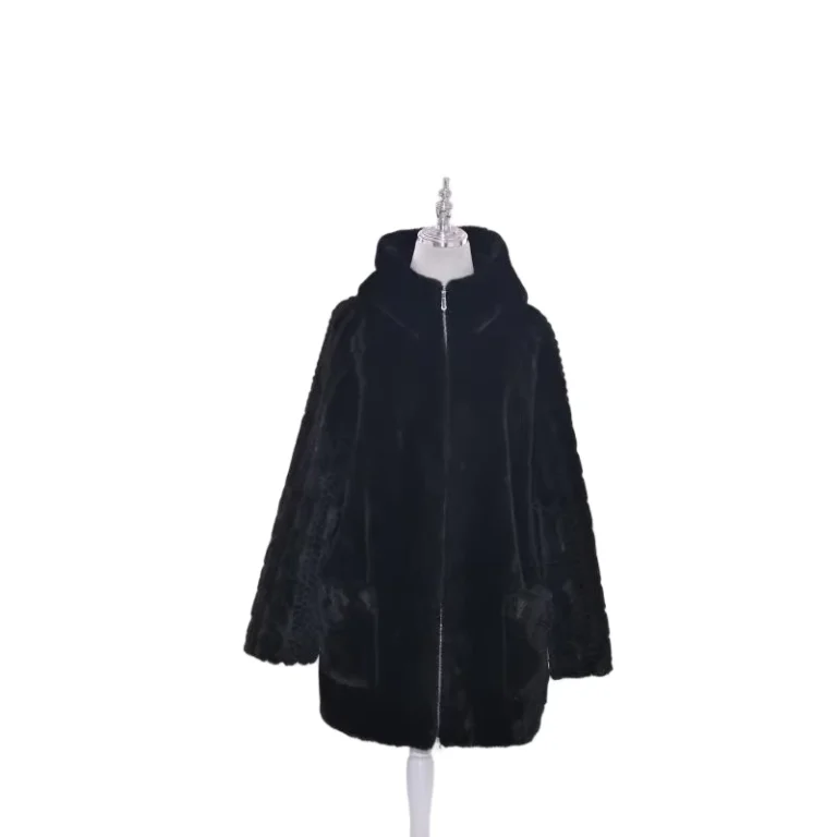 CHINEE-Simple-Style-Classic-Black-Minimalist-Womens-Faux-Mink-Fur-Short-Zipper-Woven-Windproof-Hooded-Jacket