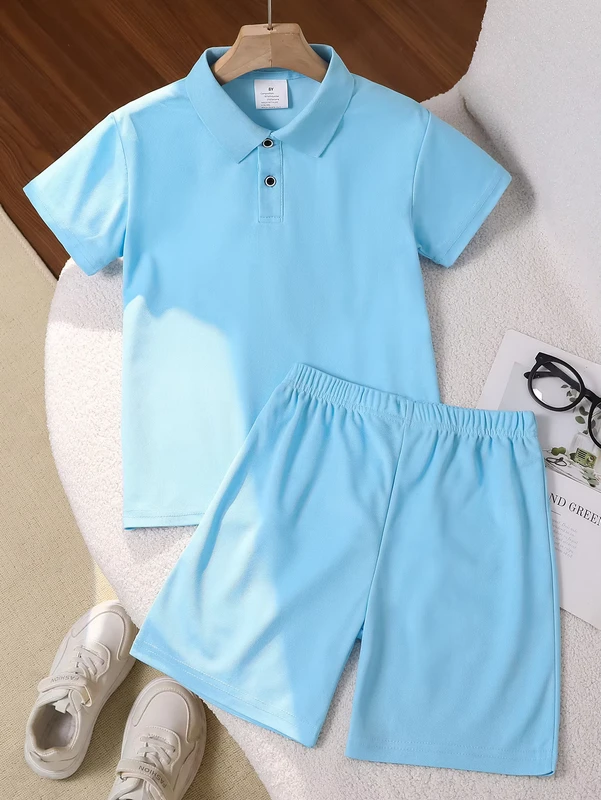 CHINEE-Solid-Color-Unisex-Polo-2PCS-Set-Summer-Short-Sleeve-Shirt-Shorts
