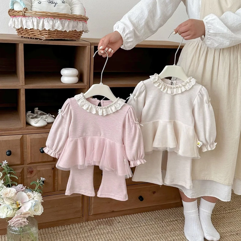 CHINEE-Spring-Autumn-Children-Girl-Cotton-Mesh-Bow-Peter-Pan-Blouse-Flared-Pants-Baby-Clothing-Set-1