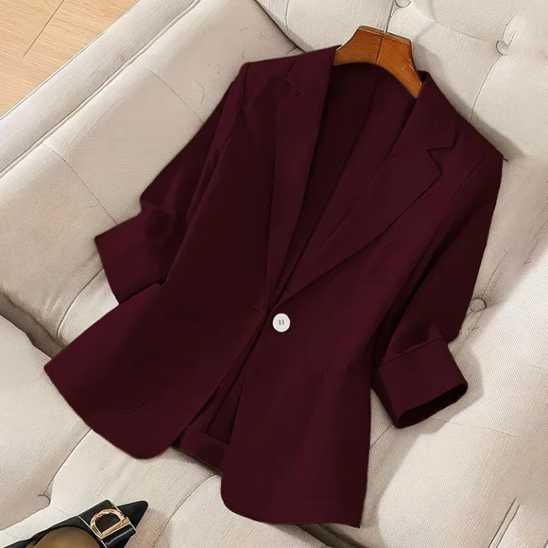 CHINEE-Spring-Autumn-Seven-Point-Sleeve-Single-Breasted-Solid-Woven-Minimalist-Wine-Red-Womens-Suit-Coat-Jacket-1