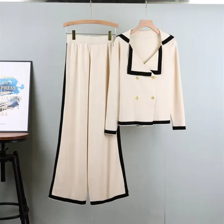 CHINEE-Spring-New-Long-Sleeved-Knitted-Lapel-Cardigan-Suit-Female-Slim-Thin-Wide-Legged-Pants-Two-Piece-Suit