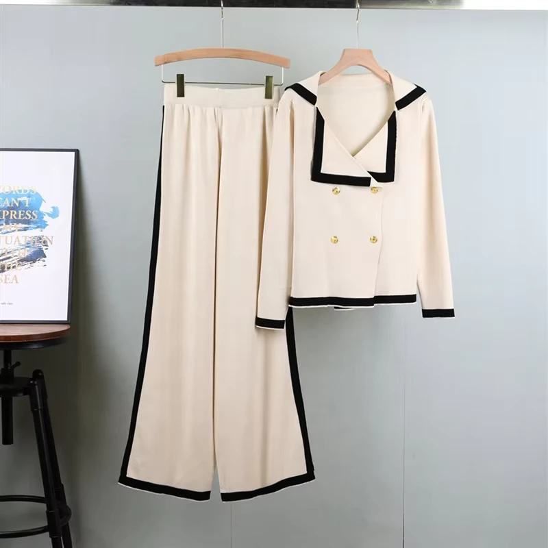 CHINEE-Spring-New-Long-Sleeved-Knitted-Lapel-Cardigan-Suit-Female-Slim-Thin-Wide-Legged-Pants-Two-Piece-Suit