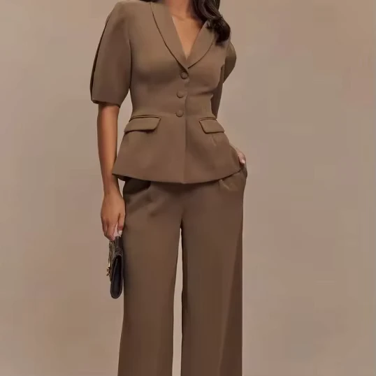CHINEE-Spring-New-Womens-Suit-Casual-Elegant-Solid-Color-Short-Sleeves-Long-Pants-Office-Set