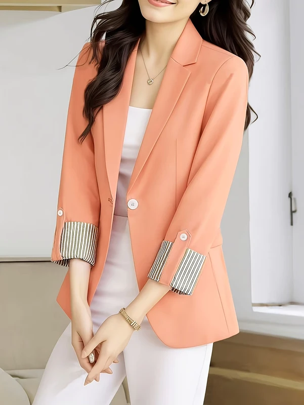 CHINEE-Spring-Summer-Womens-Peach-Single-Button-Blazer-With-Striped-Cuffs-3-4-Sleeve-Office-Suit-Jacket