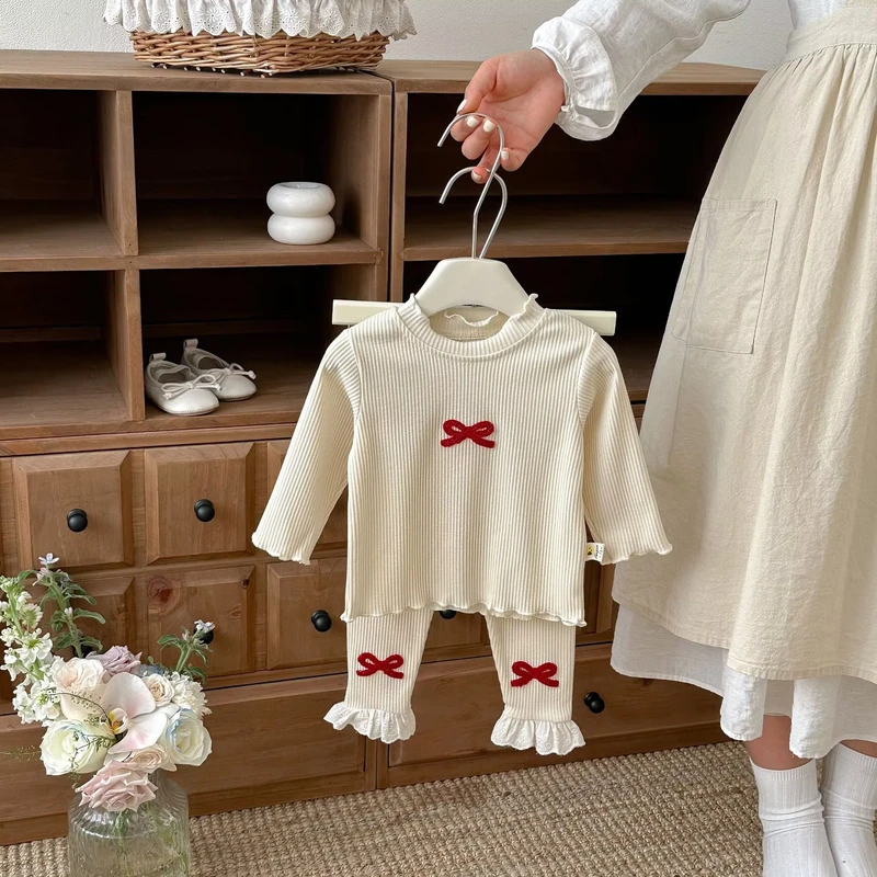CHINEE-Spring-and-Autumn-Childrens-Long-Sleeve-Bow-Bottom-Shirt-Pants-Suit-Cotton-Baby-Girl-Homewear-Set-Sweet-Kids-Clothes-1