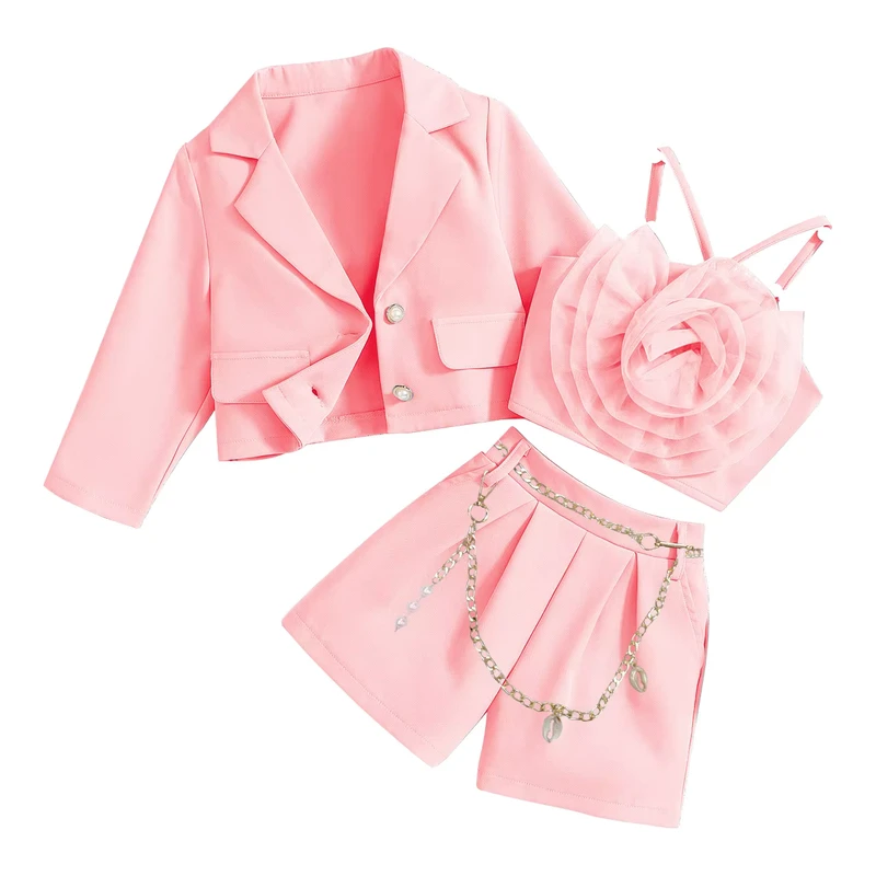 CHINEE-Spring-and-Autumn-New-Girl-Suit-Long-sleeved-Coat-Flower-Strap-Inside-Matching-Shorts-Three-piece-Set