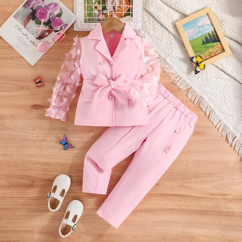 CHINEE-Spring-and-Autumn-New-Girls-Long-Sleeve-Butterfly-Knot-Mesh-Sleeve-Suit-Coat-Extended-Pants-Two-Piece-Set
