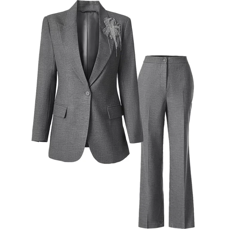 CHINEE-Spring-and-Autumn-New-Retro-High-End-Gray-Suit-With-Decoration-Top-and-Pants-Two-Piece-Set