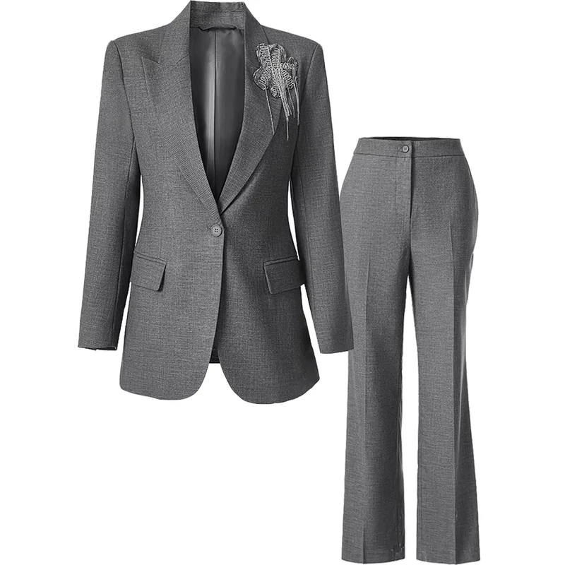 CHINEE-Spring-and-Autumn-New-Retro-High-End-Gray-Suit-With-Decoration-Top-and-Pants-Two-Piece-Set