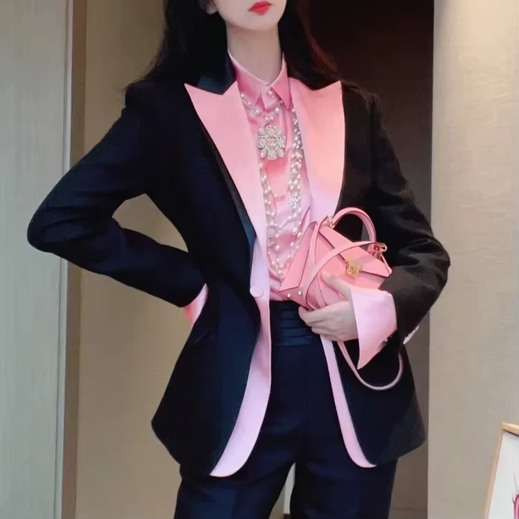 CHINEE-Spring-and-Autumn-Pure-Color-Pattern-Single-Breasted-Button-Faux-Two-Piece-Suit
