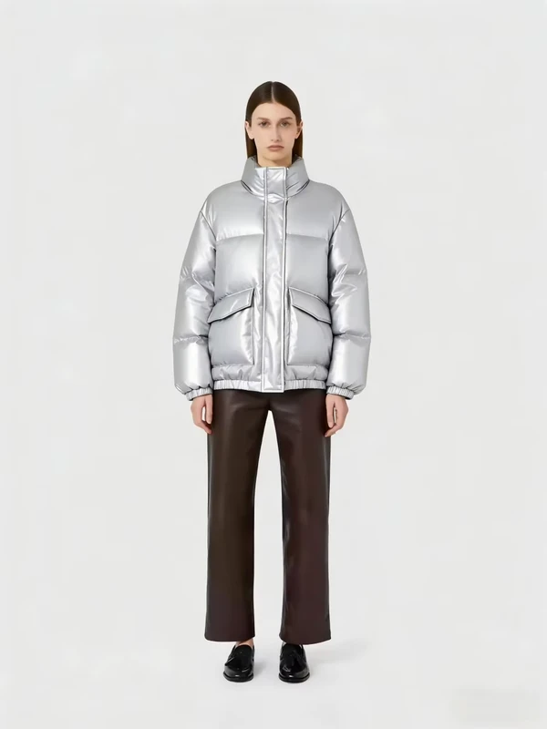 CHINEE-Stylish-Shiny-Silver-PU-Surface-Goose-Down-Filling-Stand-Collar-Cropped-Puffer-Jacket