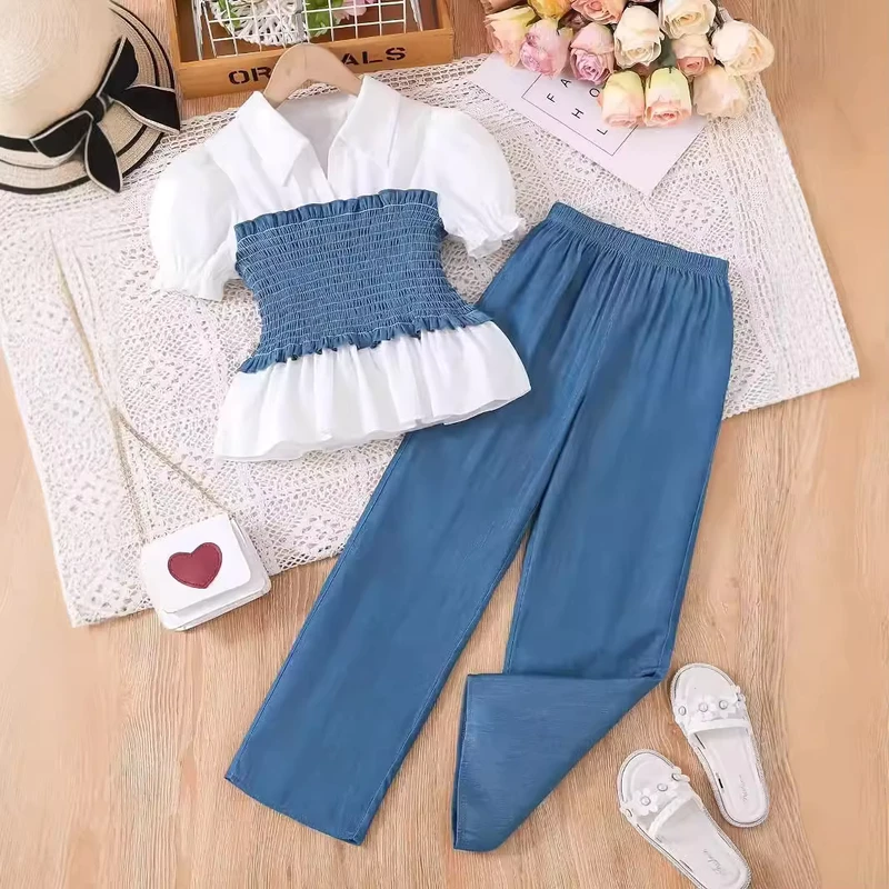 CHINEE-Summer-8-14Y-Children-Clothing-Puff-Sleeve-Ruffle-Patchwork-Shirt-Tops-Wide-Leg-Pants-2-Piece-Teen-Girls-Suit