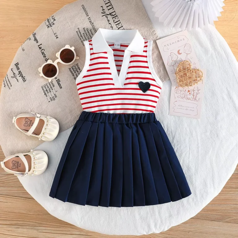 CHINEE-Summer-Back-to-School-Fashion-Children-Clothes-Striped-Sleeveless-Polo-Top-Pleated-Skirt-2-Pcs-Girls-Clothing-Sets-1
