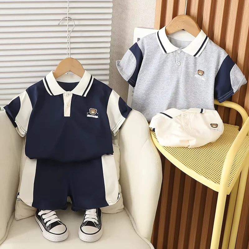 CHINEE-Summer-Boys-Short-sleeved-Short-Thin-Suit-Two-piece-Set-for-Baby-Boys-Polo-Shirt-with-Lapel-100-Cotton-Patchwork-Pattern
