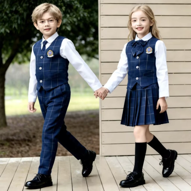 CHINEE-Summer-British-Style-Unisex-Primary-School-Uniform-Set-Plaid-Vest-Shirt-Skirt-Suit-Polyester-Material-Performance-Wear-1