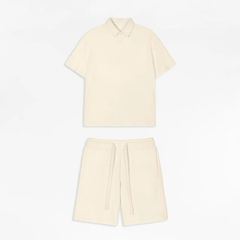 CHINEE-Summer-Casual-Breathable-2-Piece-Waffle-Polo-Shirts-and-Shorts-Set-Luxury-Oversized-Mens-High-Quality