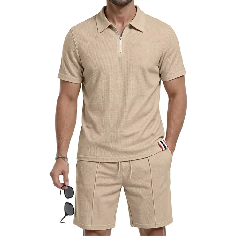 CHINEE-Summer-Casual-Mens-Polo-Shirt-Sets-Waffle-Pleated-Vertical-Ribbed-Half-Zip-Short-Sleeve-Polo-and-Pintuck-Shorts-Outfits