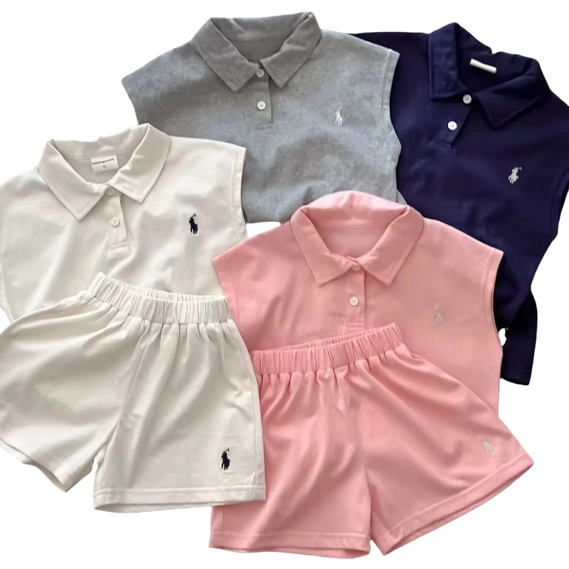 CHINEE-Summer-Casual-Outfit-for-Kids-Boys-Girls-2-12-Years-Sleeveless-Polo-Shirt-Shorts-Set-Elastic-Waist-Solid-Color-Kids